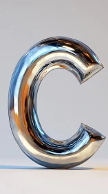 Reflective metallic letter C stands upright on neutral ground