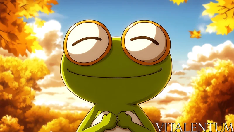 Smiling cartoon frog in golden autumn landscape illustration.