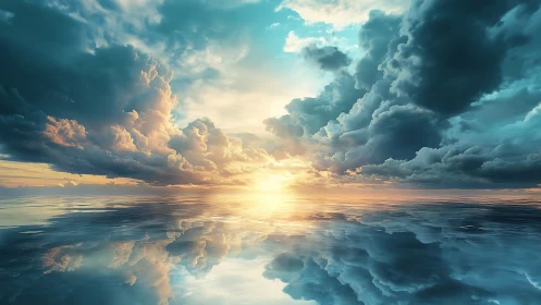 Dramatic cloudscape over reflective ocean horizon at sunset.