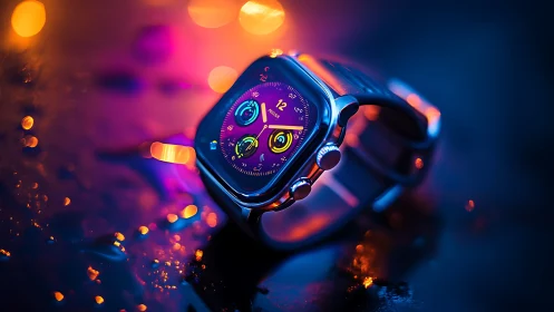 Neon-lit smartwatch close-up with vibrant dial glow.