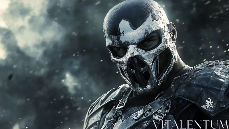 Armored skull-masked warrior emerges through stormy chaos.