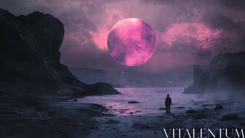 Solitary figure observes luminous magenta moon over alien shore