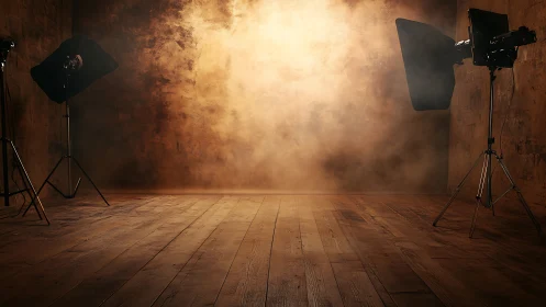 Warm cinematic studio set with fog, strobes and wooden floor.