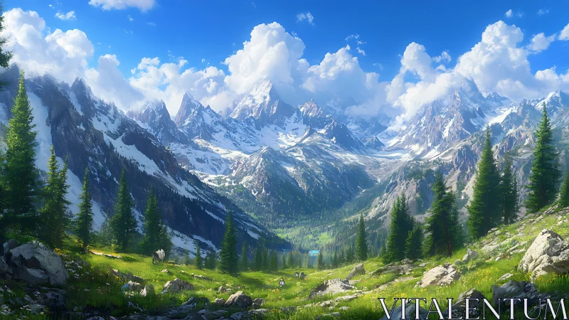 Snow-capped mountain valley unfolds under radiant blue skies.