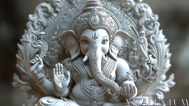 Detailed 3D rendering of ornate seated Ganesha statue.