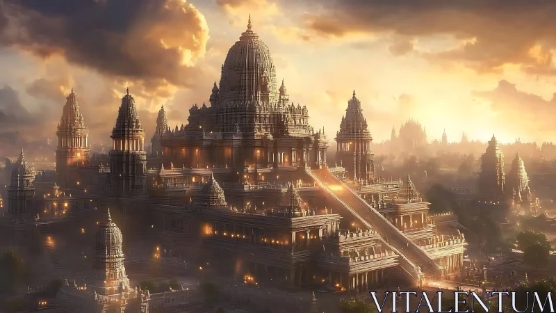 Sunlit monumental temple city rising through golden mist.