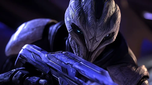 Alien armored soldier aiming rifle in blue lighting.