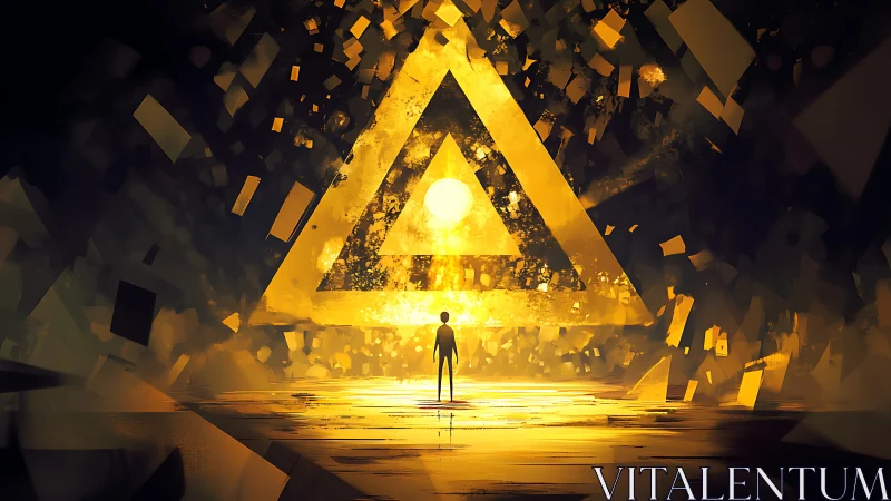 Wanderer steps into a glowing golden triangle gateway.