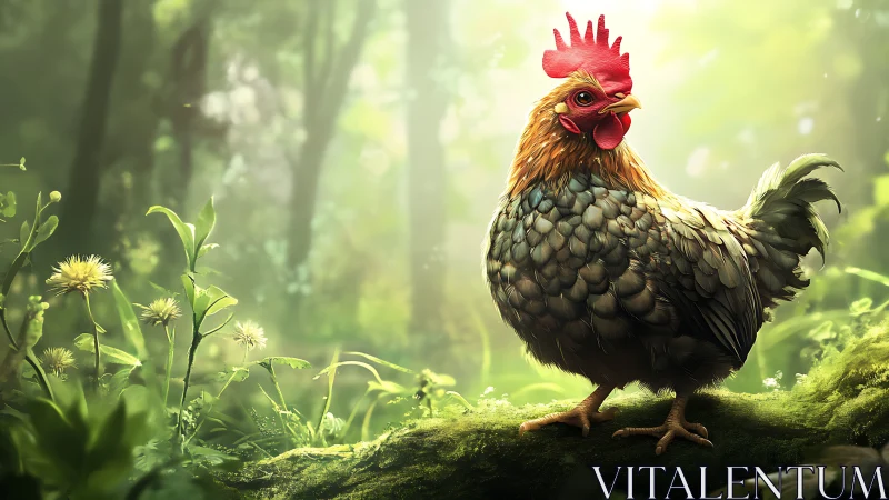 Rooster standing on moss in verdant forest clearing