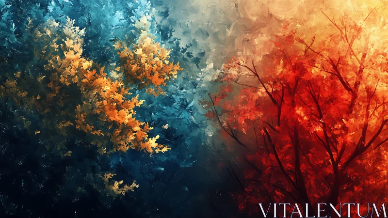 Dual colored forest merges cool blue foliage with fire red tree