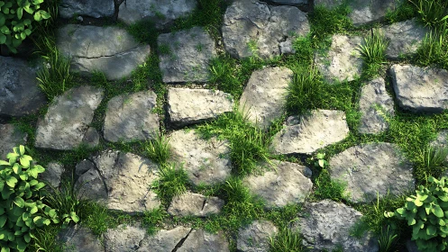 Photoreal stone garden path with lush mossy grass details.
