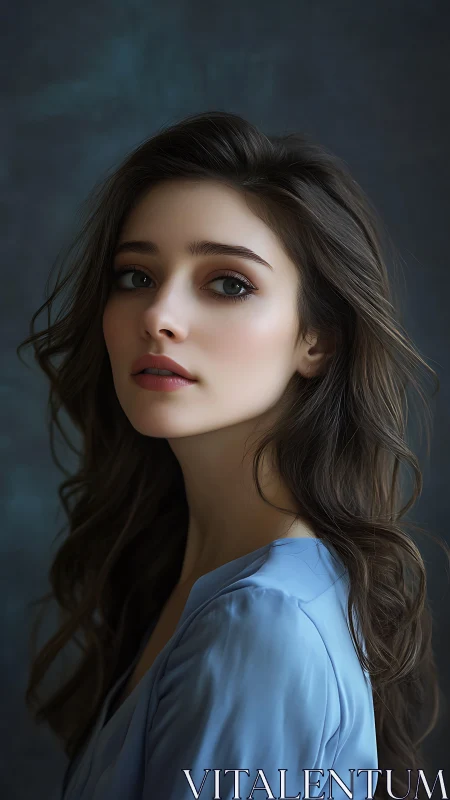 Portrait shows young woman in blue dress under soft light