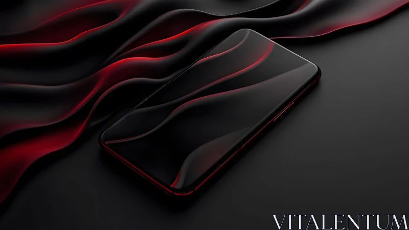 Sleek smartphone on black and red abstract wavy background. Sleek smartphone on black and red abstract wavy background.