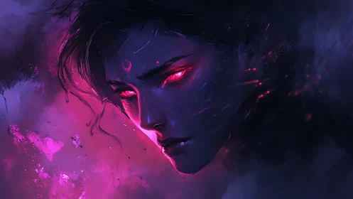 Female face with glowing red eyes in neon mist portrait.
