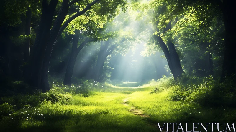 Sunlit forest path with lush greenery and tranquil morning light.