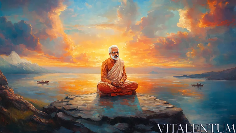 Seated robed figure on coastal rock at vivid sunset seascape.