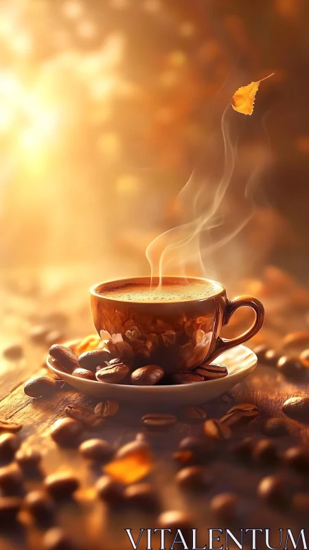 Steaming coffee cup with beans in warm golden sunlight.