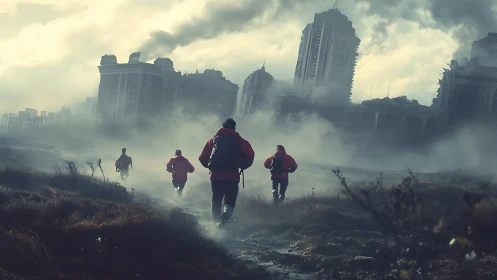 Scarlet runners crossing a fog-drowned fallen cityscape.