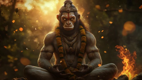 Divine simian warrior in meditative pose amid ritual fire glow