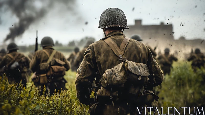 Infantry soldiers advance through battlefield under fire.