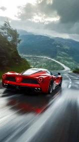 Red supercar powers along a wet mountain highway at speed