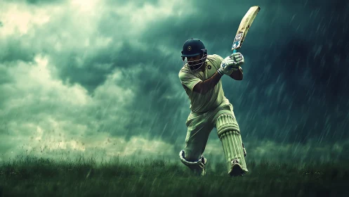 Stormlit cricket warrior driving against the rain&rsquo;s roar.