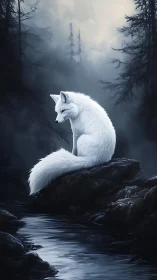 Solitary white fox watches a misty forest stream at dusk.