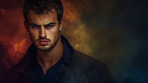 Moody digital portrait of man amid warm cool smoke.