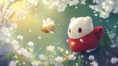 Soft-lit chibi animal and bee interaction in floral meadow scene