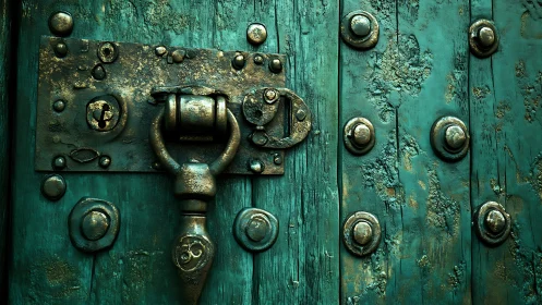 Weathered teal door with ornate rustic metal knocker.