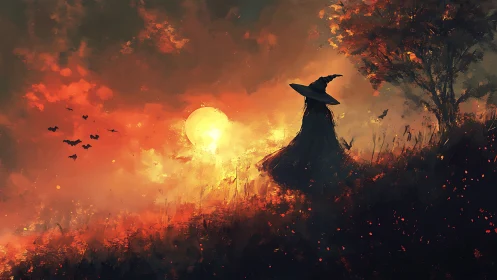 Silhouetted witch observes blazing sunset amid autumn hillside