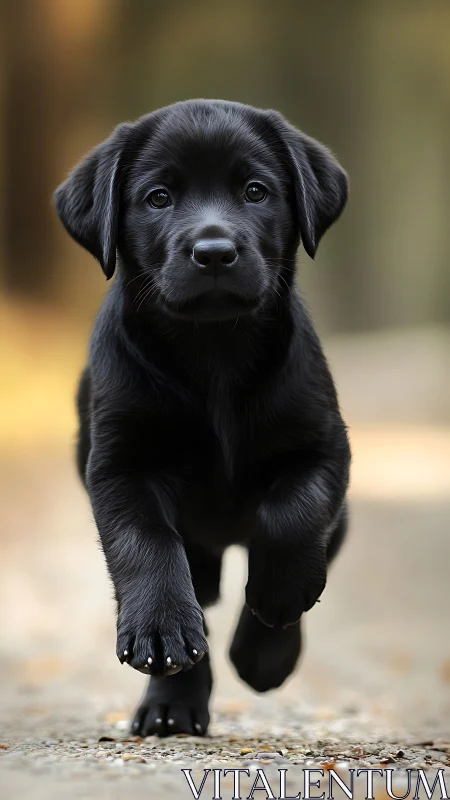 Black Labrador puppy captured mid-stride with shallow depth of field