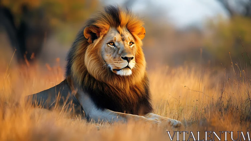 Majestic male lion resting in golden savanna grassland.