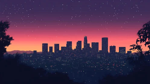 City skyline glows gently beneath a starlit evening sky