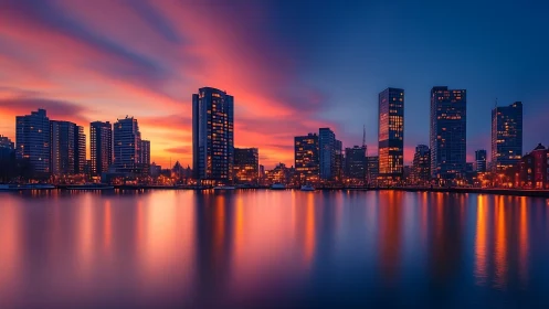 Sunset city skyline glowing softly over calm waterfront.