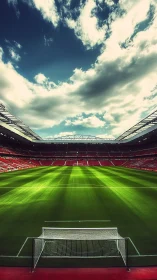 Panoramic football stadium under dramatic sky at dusk.