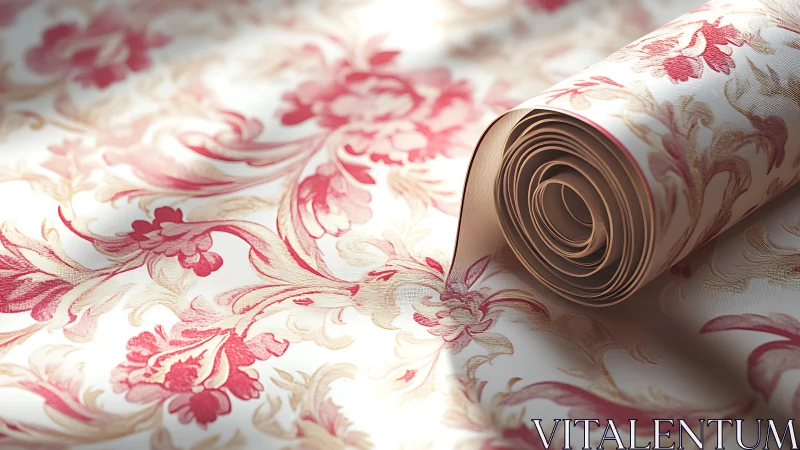 Elegant floral wallpaper roll lies in soft natural daylight