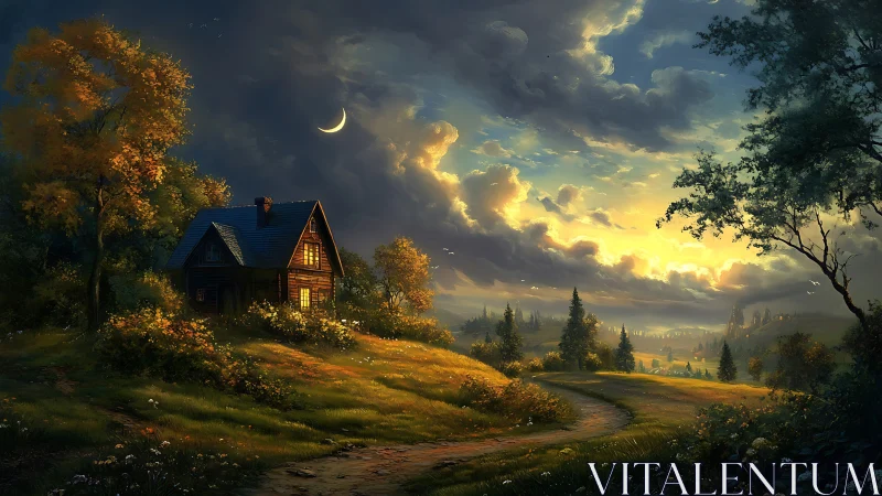 Cozy cottage under a glowing crescent sky at sunset.
