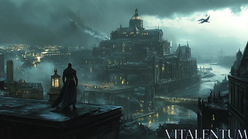 Solitary figure surveys rain-soaked fortified riverside city