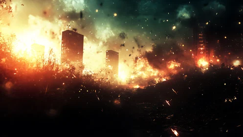 Urban skyline under thermodynamic firestorm and debris bloom.