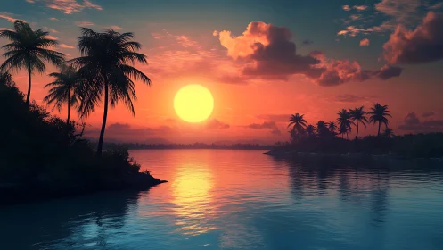 Sunset illuminates tropical coastline with reflected light