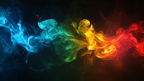 Colorful spectral smoke streams flow across a dark void.