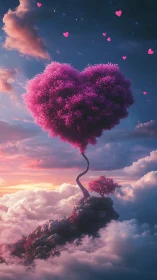 Heart-shaped magenta tree against twilight sky with floating pink hearts