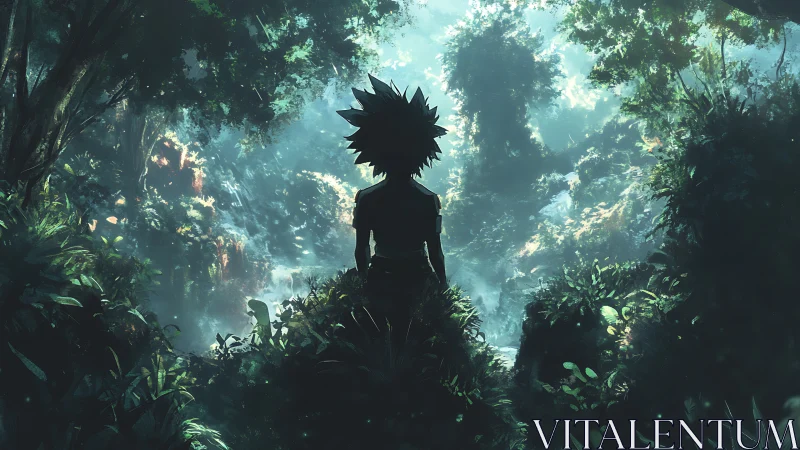 Silhouetted anime figure overlooking glowing jungle valley.
