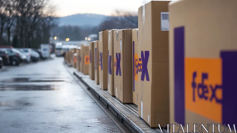 Long conveyor of labeled shipping cartons aligned on wet loading dock