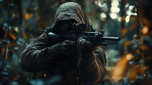 Camouflaged tactical marksman with scoped carbine in foliage.