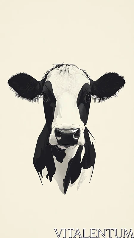 Black and white dairy cow portrait on plain beige background.