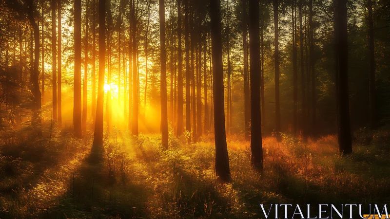 Backlit conifer forest at sunrise with volumetric golden rays