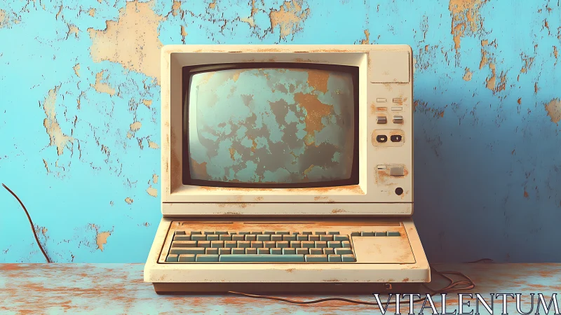 Weathered beige CRT desktop terminal against peeling cyan wall