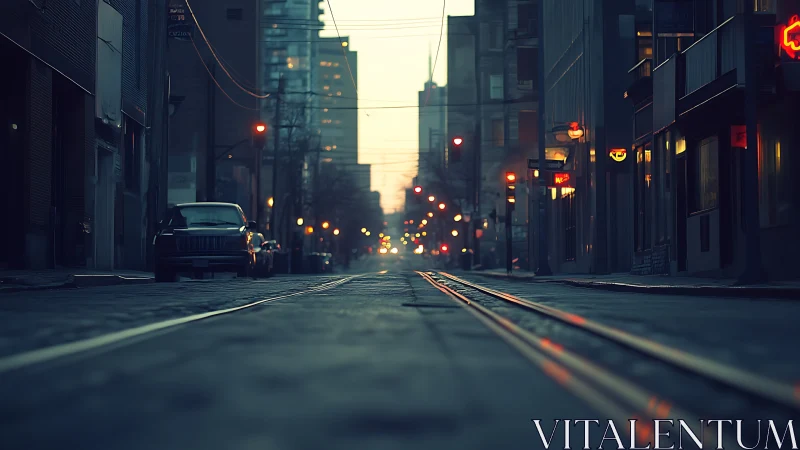 Moody urban tram tracks at twilight with cinematic bokeh.